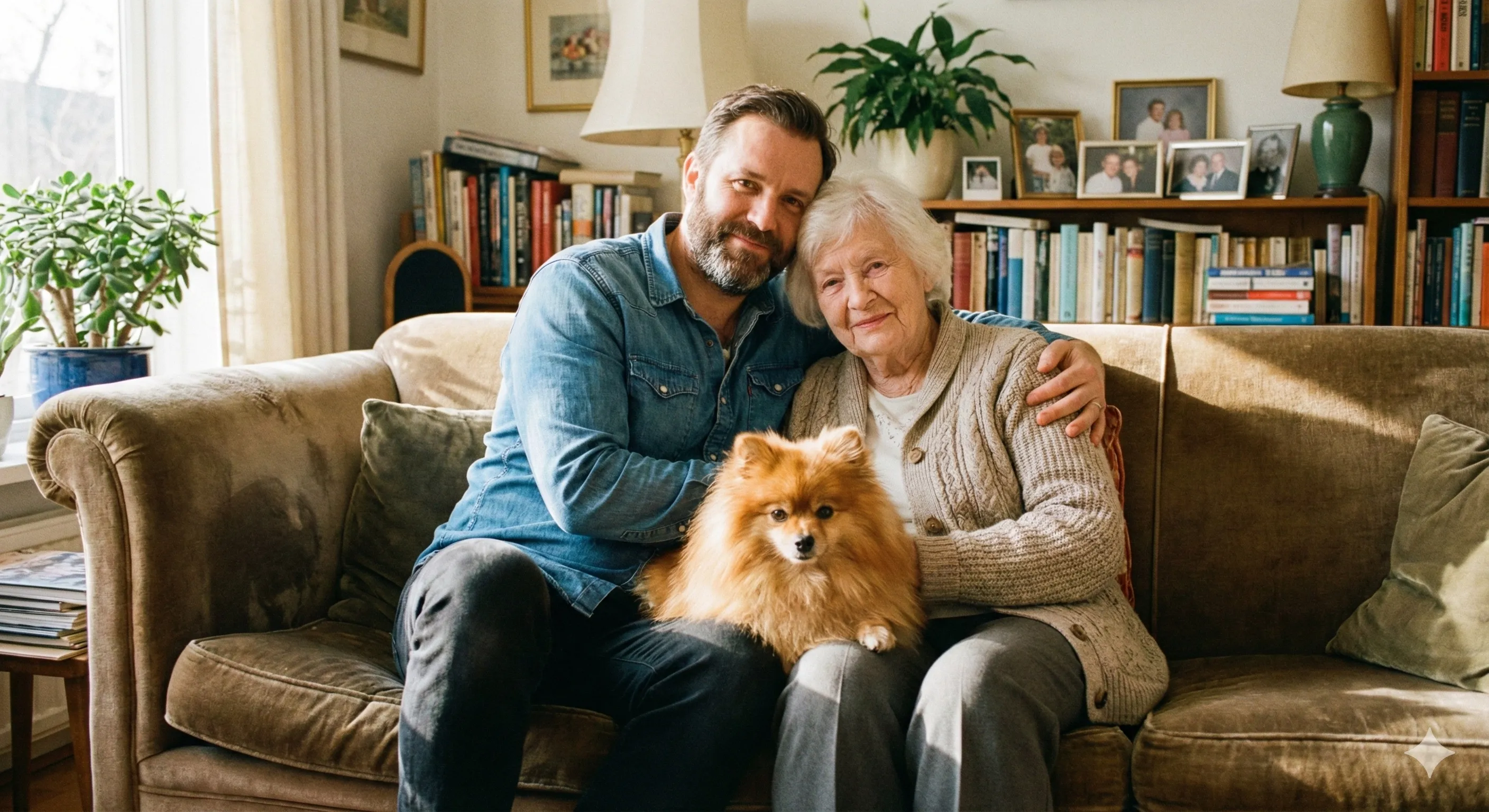 Scena familiare serena con anziani, figli e un cane Pomerania.