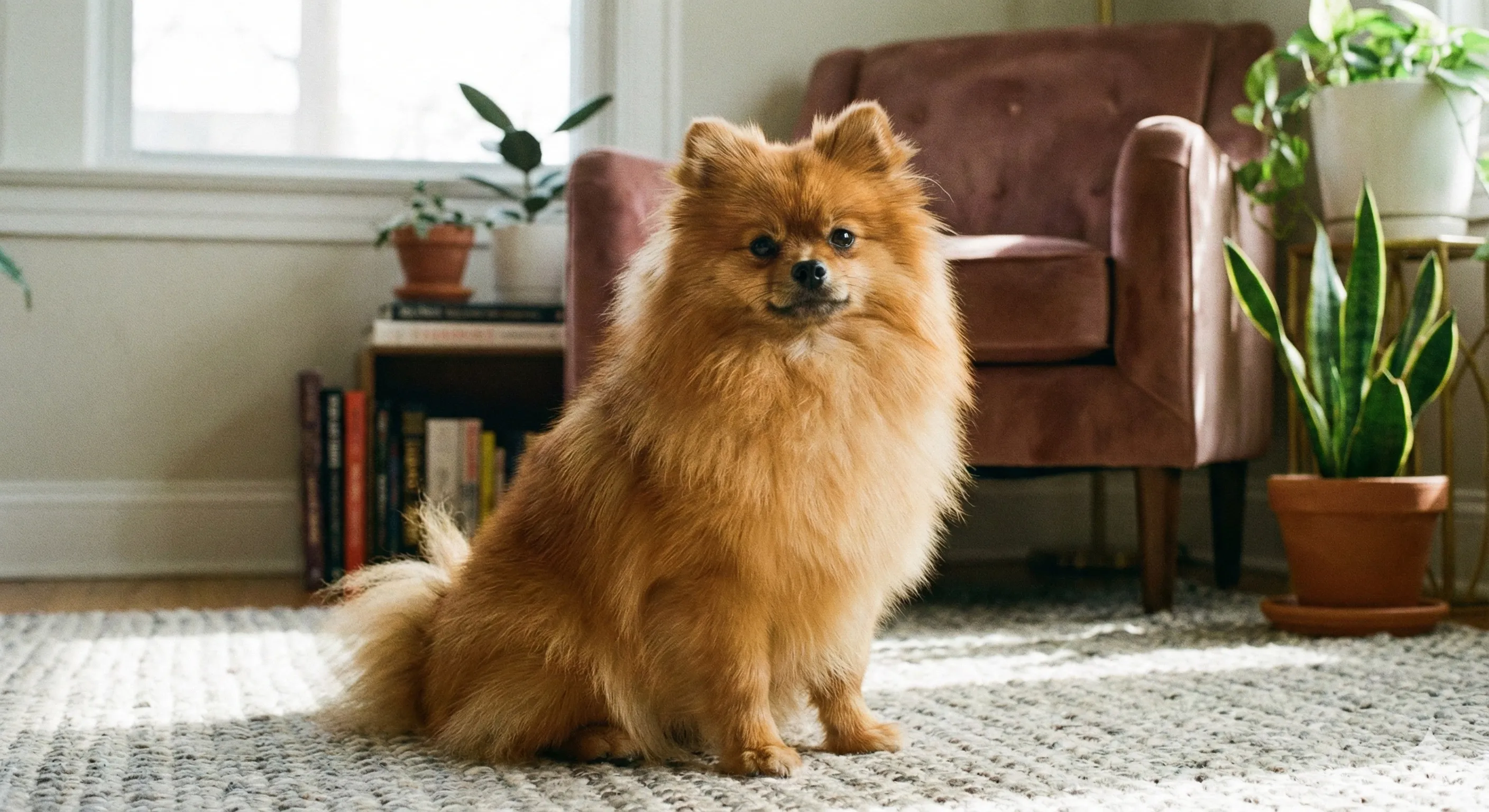 Pomerania giovane adulto in posa, con pelo folto e aspetto sano.