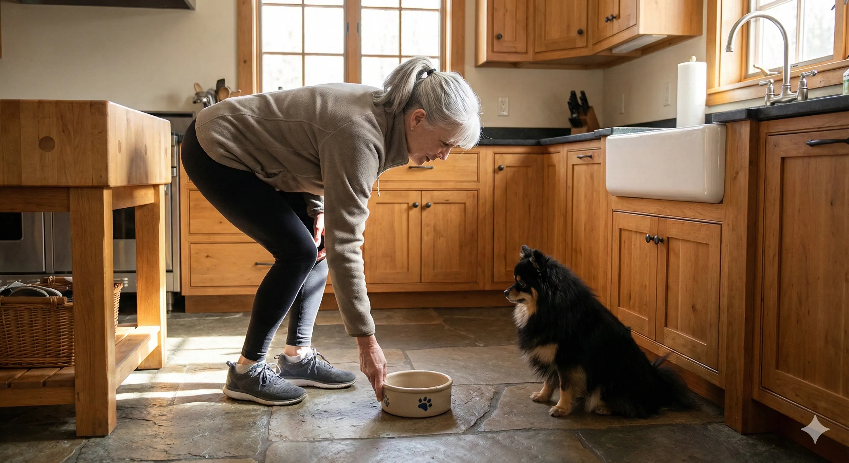 Un Pomerania adulto tranquillamente seduto in braccio a una signora anziana.